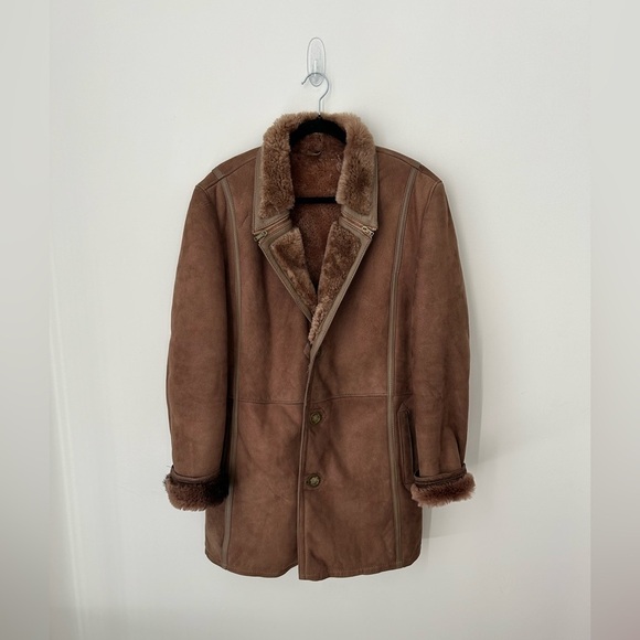 COPY - Vintage Sheepskin Coat W/ Leather Trim Tan inside shearling - Picture 1 of 13
